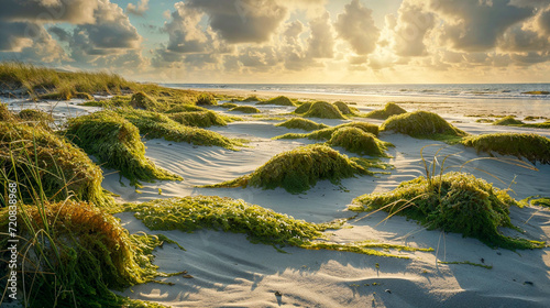 Foto Green seaweed on the beach ocean shore, landscape, background