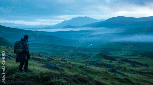 Hiker explorer traveler in the green rolling hills mountains rocky landscape, early morning fog, overcast, adventure travel, Celtic, Ireland, background, copyspace