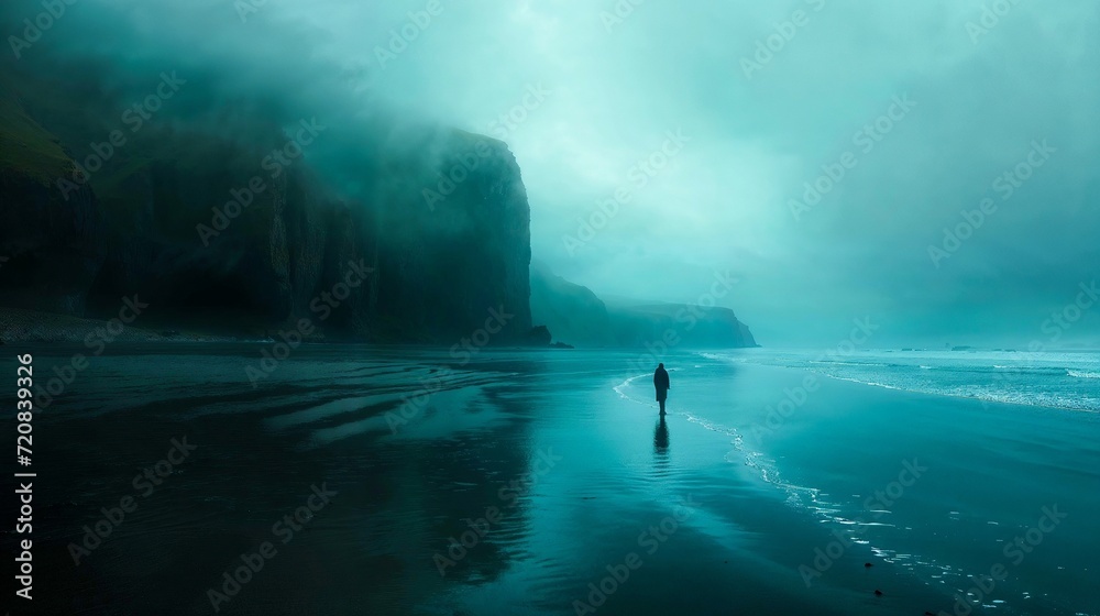 Lone figure person walking alone on isolated foogy misty beach ocean seashore, moody, green tint, background, Celtic, Ireland - obrazy, fototapety, plakaty 