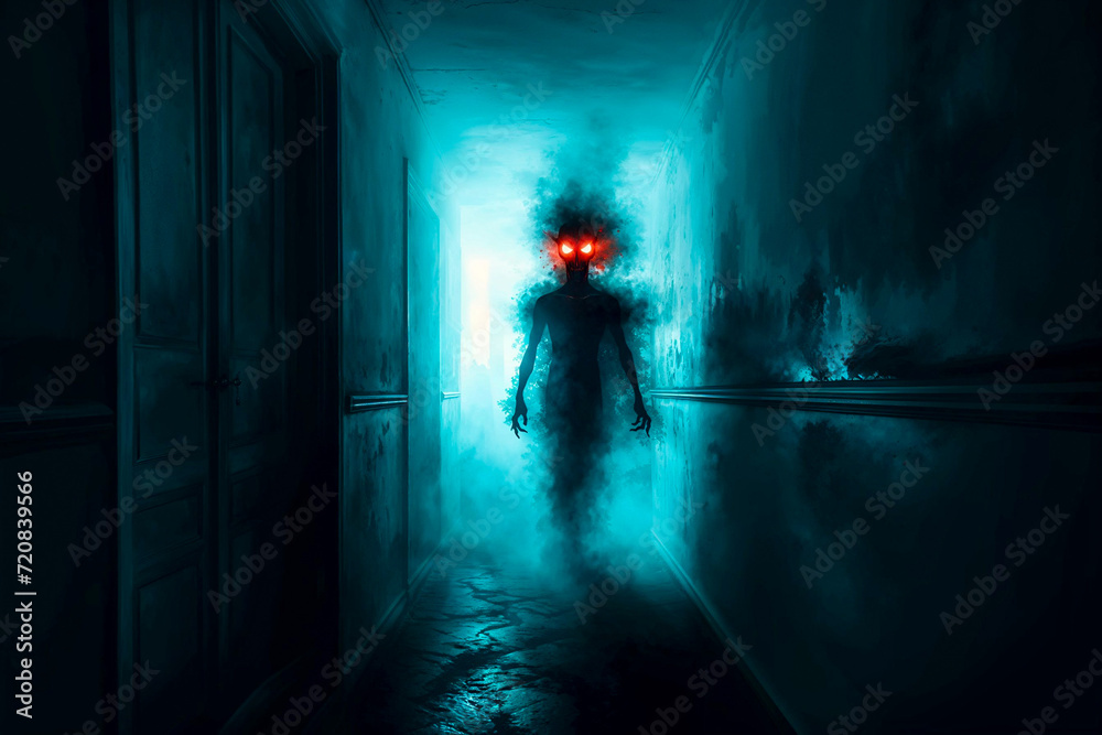 Shadow person with glowing red eyes walking down hallway, supernatural evil apparition