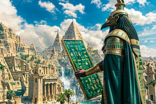 Egyptian god Thoth with the Emerald Tablet of Atlantis, Hermetic text photo