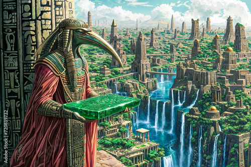 Egyptian god Thoth with the Emerald Tablet of Atlantis, Hermetic text, city of Atlantis and waterfalls in background photo