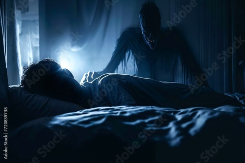 Shadow person hovers over a sleeping person, supernatural evil apparition, sleep paralysis photo