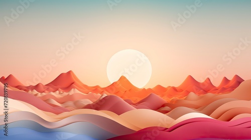 Landscape with mountains and sunset in the sky. illustration. Generative AI