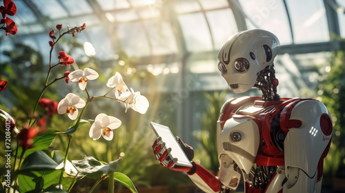 Digital assistant with a smartphone working in the greenhouse. Artificial intelligence helping in agriculture and horticulture. Intelligent robot at work.