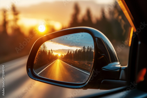 the rear view mirror of a car on the side of the road with the sun reflecting in the rear view mirro. travel concept © Enrique