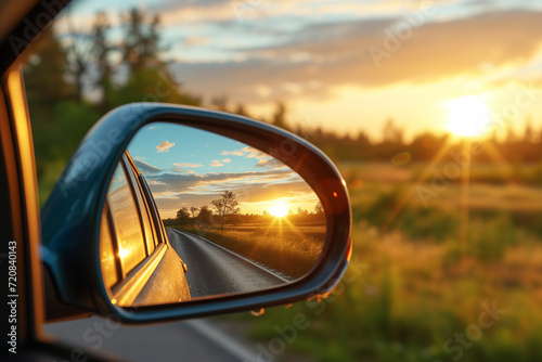 the rear view mirror of a car on the side of the road with the sun reflecting in the rear view mirro. travel concept photo