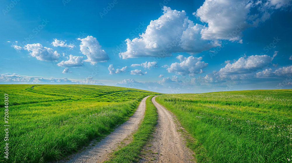 Idyllic Landscape with Clouds in the Style of a Computer Wallpaper with grass pasture, fields, road, fluffy clouds blue skies