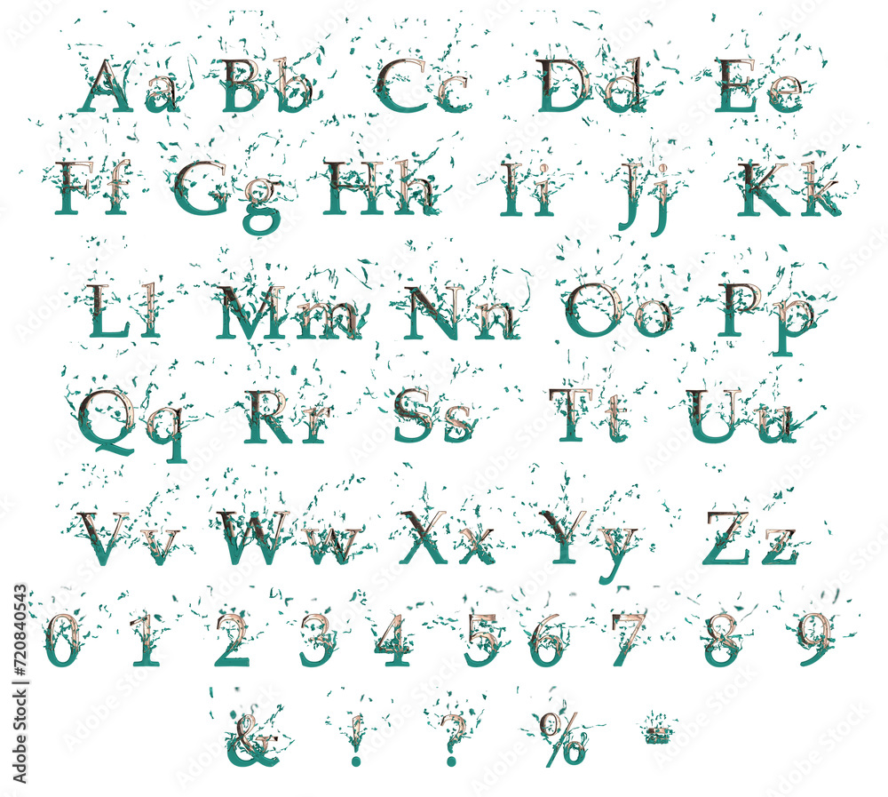Shiny gold font alphabet revealed after the tear of tiffany blue fabric. 3d render. Transparent background.