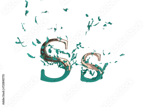 Shiny gold font letter S revealed after the tear of tiffany blue fabric. 3d render. Transparent background.