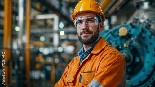 Engineer standing confidently inside of a factory warehosue, wearing an orange jumpsuit and hardhat, engineering concept