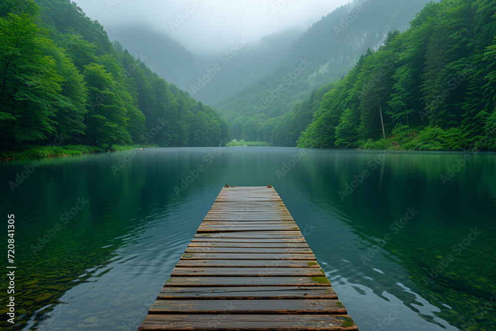A serene lake embraced by a dense forest, inviting you to embrace nature's peace and tranquility. Created with generative AI.
