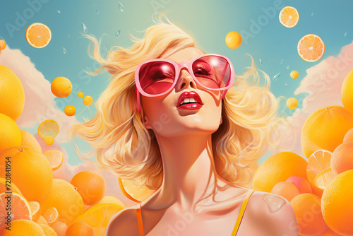 Illustration of young woman in sunglasses with flying fruits  who enjoying summer on sky background