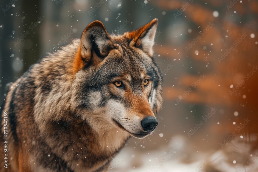 A fierce red wolf stands tall in the snow-covered landscape, embodying the untamed spirit of the wild canis species A fierce red wolf stands tall in the snow-covered landscape, embodying the untamed spirit of the wild canis species