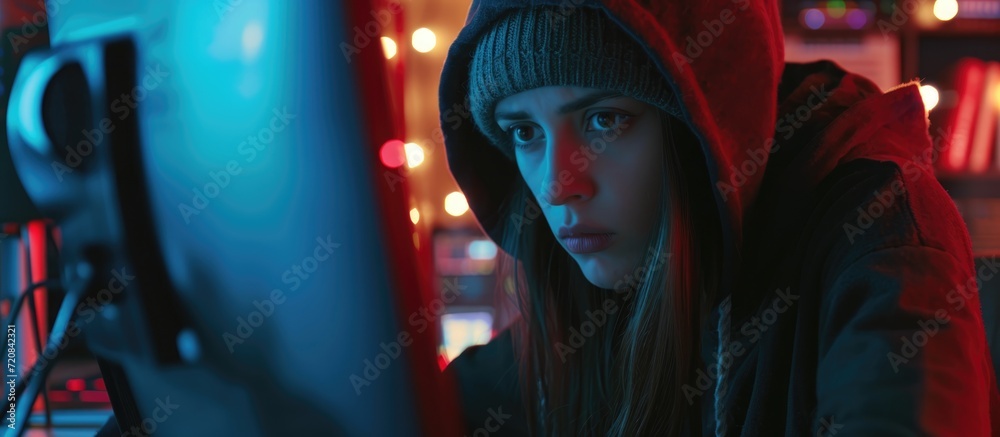 Female hacker leveraging computer knowledge to illicitly obtain data and pilfer passwords. Intruder bypassing security firewall for spying, hacktivism, and cryptojacking. Filmed with a mobile device. Female hacker leveraging computer knowledge to illicitly obtain data and pilfer passwords. Intruder bypassing security firewall for spying, hacktivism, and cryptojacking. Filmed with a mobile device.