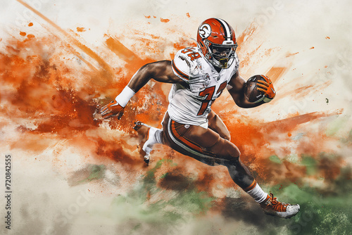 watercolor painting of a browns' football player running the ball
