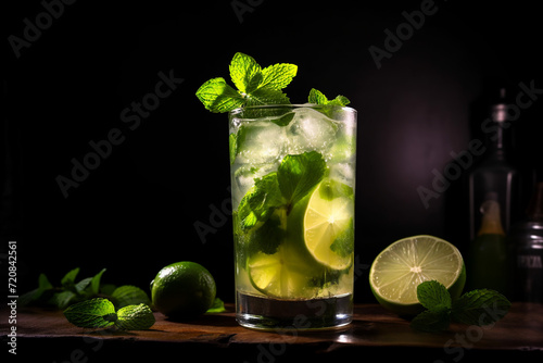 Closeup Mojito cocktail with fresh mint and lime, beverage photo