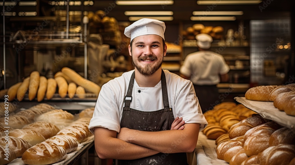 Portrait of a smiling male baker standing in a bakery with arms crossed Generative AI - obrazy, fototapety, plakaty 