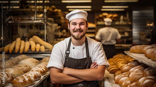 Portrait of a smiling male baker standing in a bakery with arms crossed Generative AI photo