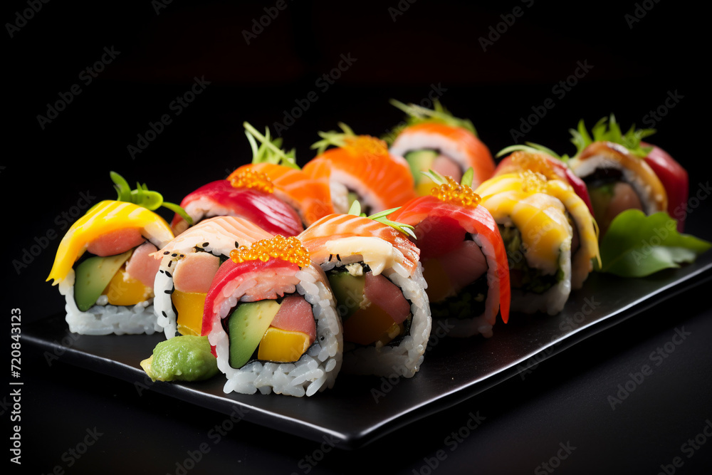 Delicious set of maki rolls, food photo, Japanese cuisine, sushi, restaurant serving. Delicious set of maki rolls, food photo, Japanese cuisine, sushi, restaurant serving.