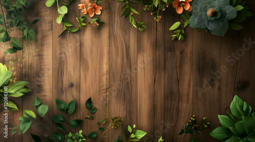 Wood background  Frame made with elements from nature  copy space