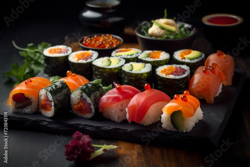 Delicious set of maki rolls, food photo, Japanese cuisine, sushi, restaurant serving.