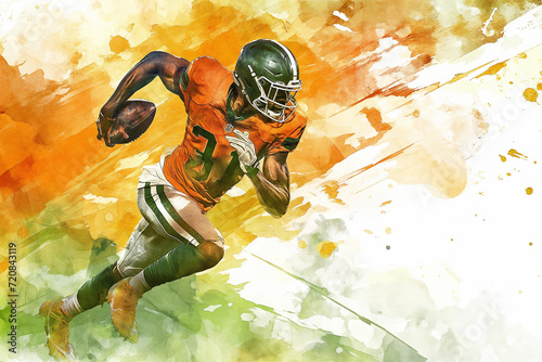 watercolor painting of a browns' football player running the ball