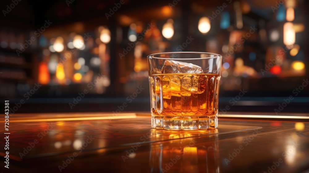 Glass of scotch whiskey with ice on a bar counter. Alcohol drink in restaurant. AI Generated 
