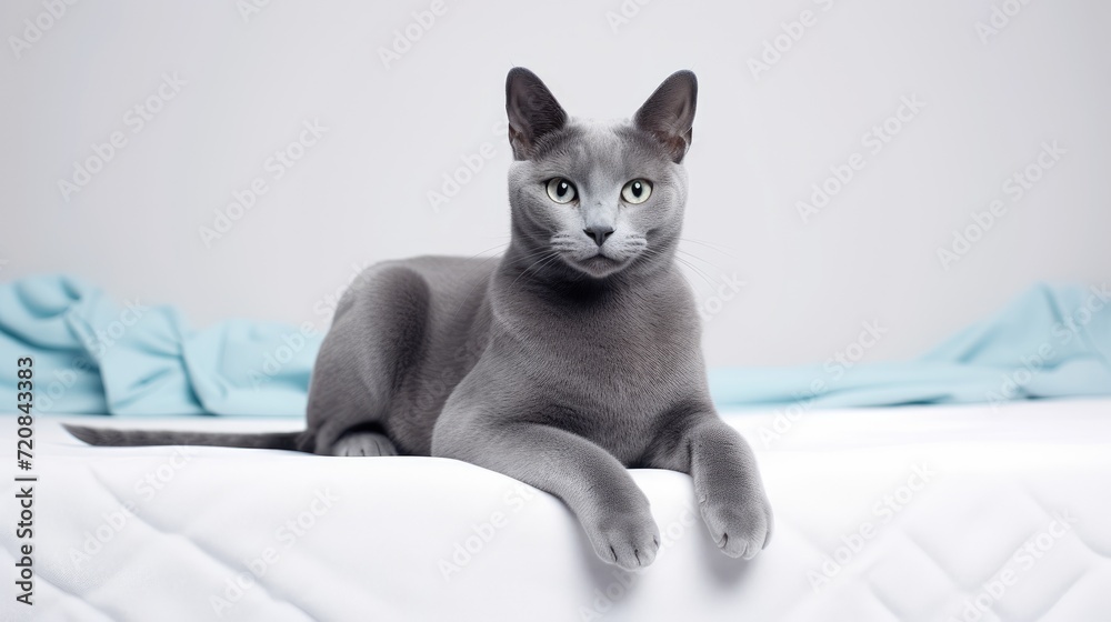 Beautiful Blue Burmese cat on white bed, closeup Generative AI