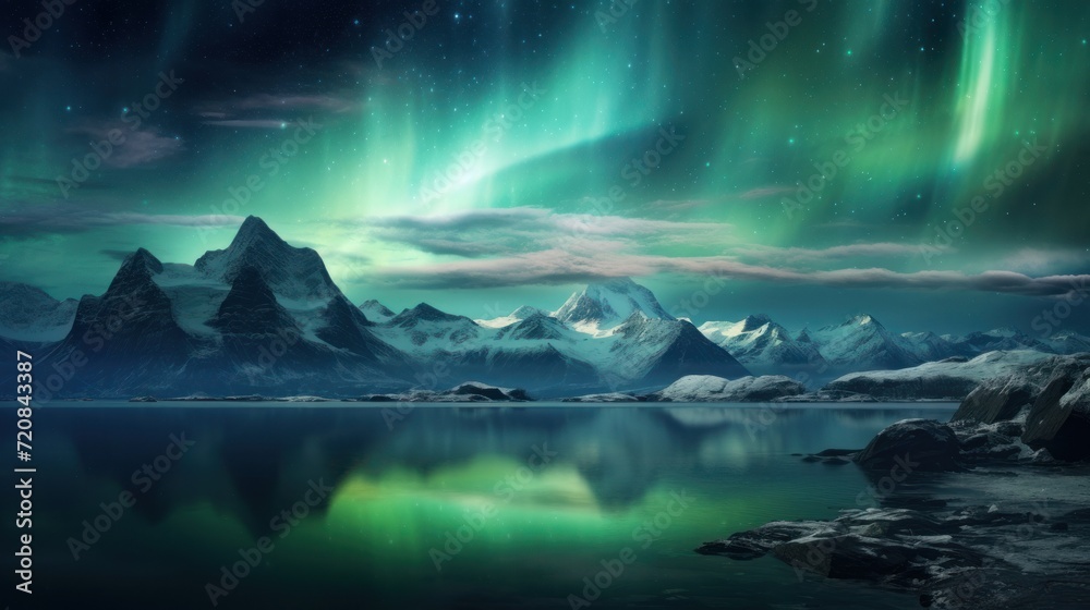 Aurora borealis over snowy mountains at night. 3D rendering Generative AI