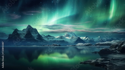 Aurora borealis over snowy mountains at night. 3D rendering Generative AI