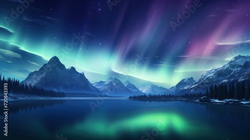 Northern lights Aurora borealis over lake in the mountains, vector illustration Generative AI