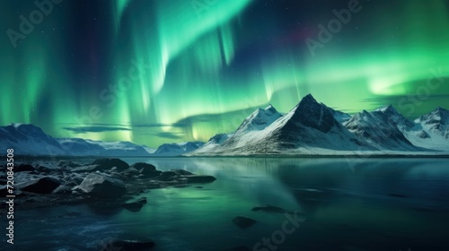 Aurora borealis, northern lights over snowy mountains and lake Generative AI © Alex
