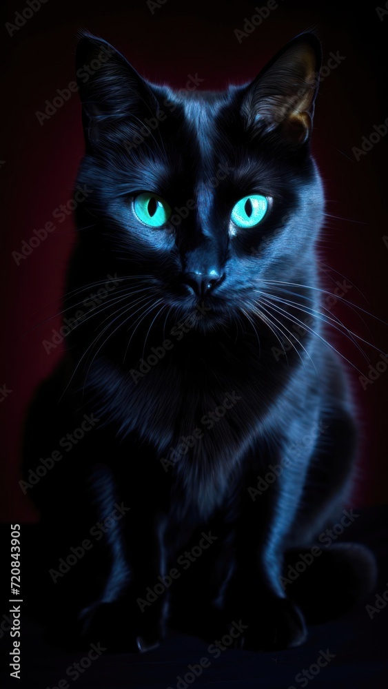 Mysterious Black Cat with RGB-Colored Eyes Staring from the Shadows AI Generated