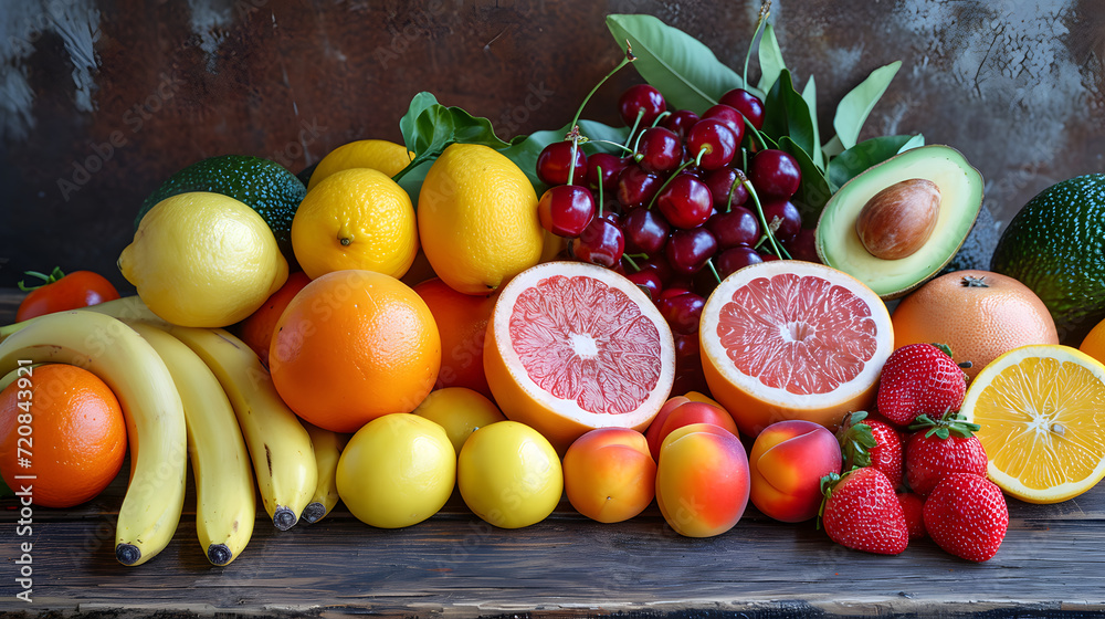 A colorful variety of fruits, including bananas, cherries, and citrus, artfully arranged on a rustic wooden backdrop, showcasing freshness and natural diversity