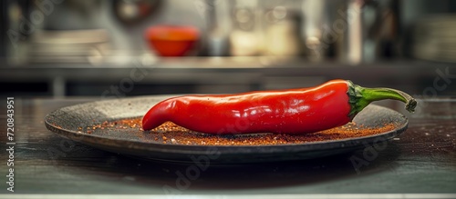 Spicy Red Pepper: One Sizzling Slice in a Vibrant Cafe Kitchen photo