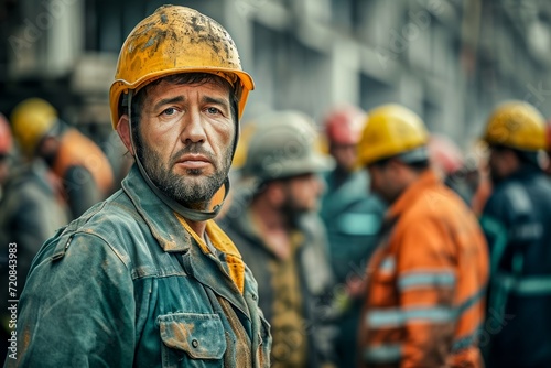 A rugged blue-collar worker stands proudly in his high-visibility clothing, donning a hard hat and jacket as he oversees the construction of a new building on a busy outdoor street, embodying the str