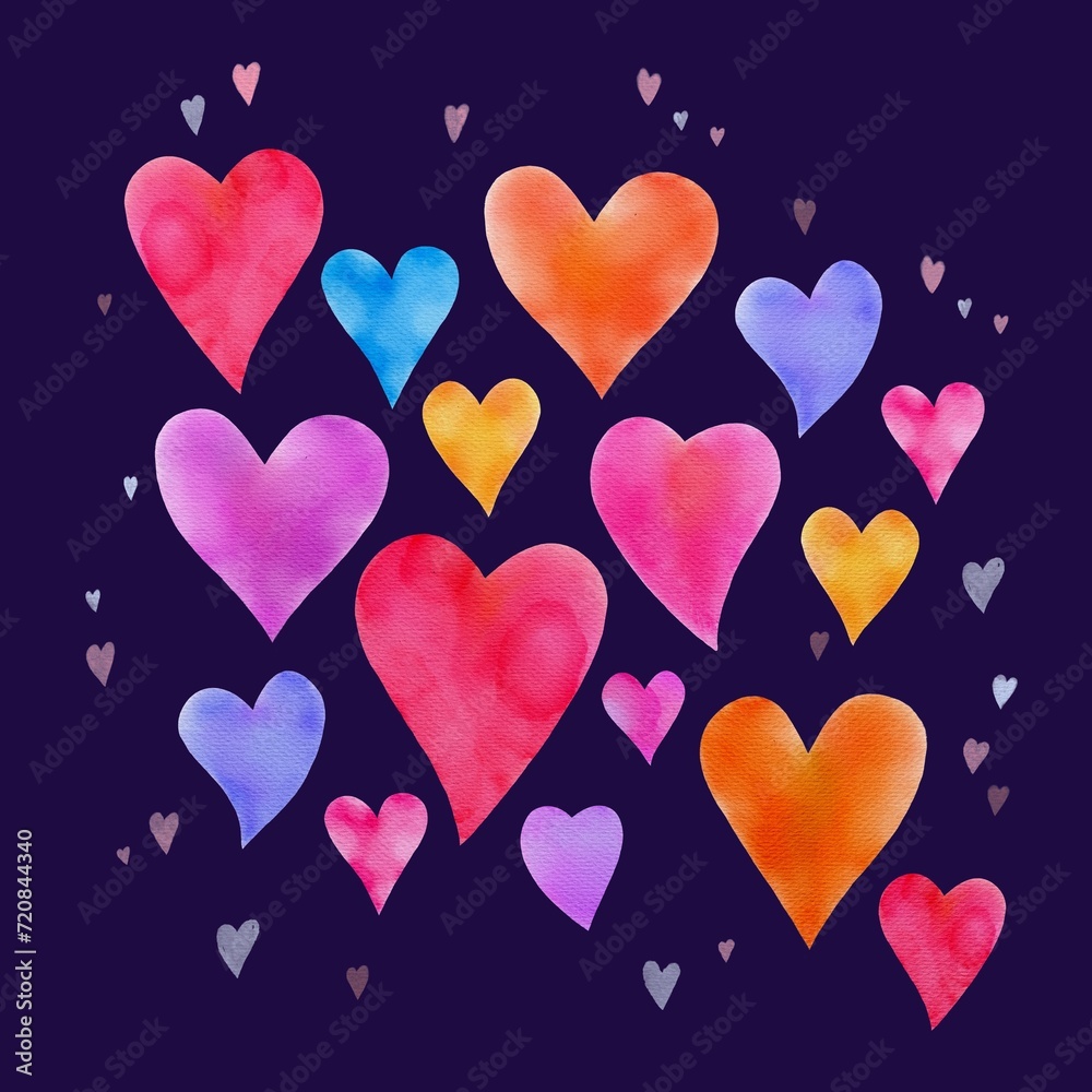 Bright colorful hearts on a dark background with watercolor texture
