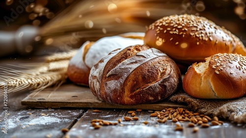 A delicious spread of freshly baked bread varieties, ranging from hearty whole grain to fluffy brioche, offers a mouth-watering selection for any snack or meal photo