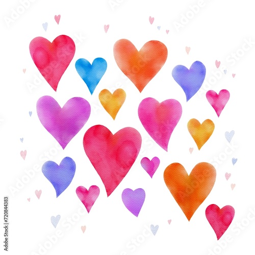 Bright colorful hearts on a white background with watercolor texture