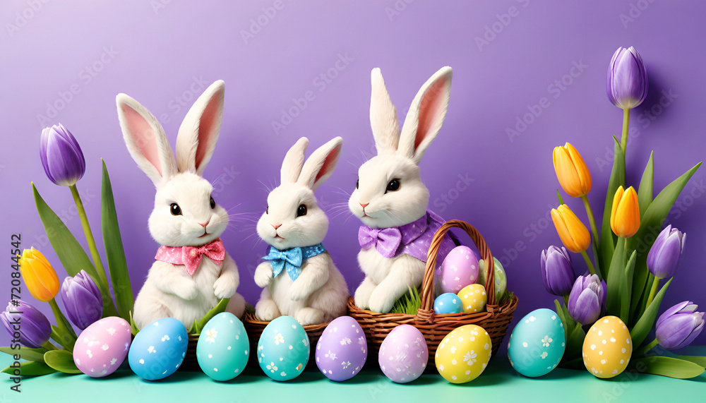Easter banner Easter bunnies in costumes on a purple background with Easter eggs and tulips Easter banner Easter bunnies in costumes on a purple background with Easter eggs and tulips