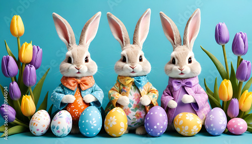 Easter banner Easter bunnies in costumes on a blue background with Easter eggs and tulips