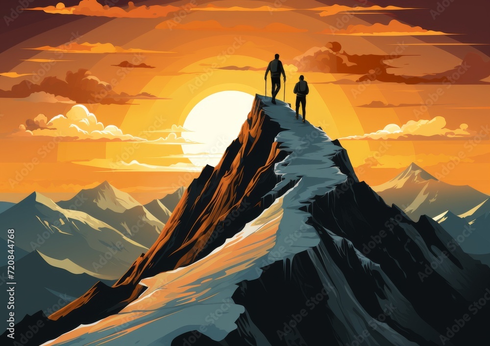 Climbers at Sunset on Mountain Peak: Adventure Concept Art