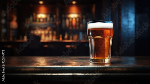 Glass of beer on bar or pub counter. AI Generated