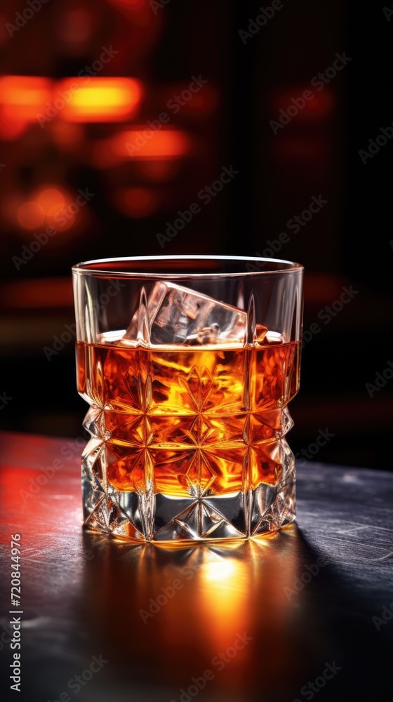 Glass of whiskey with ice on a bar counter. Alcohol drink in restaurant. Dark background. Vertical shot. AI Generated Glass of whiskey with ice on a bar counter. Alcohol drink in restaurant. Dark background. Vertical shot. AI Generated