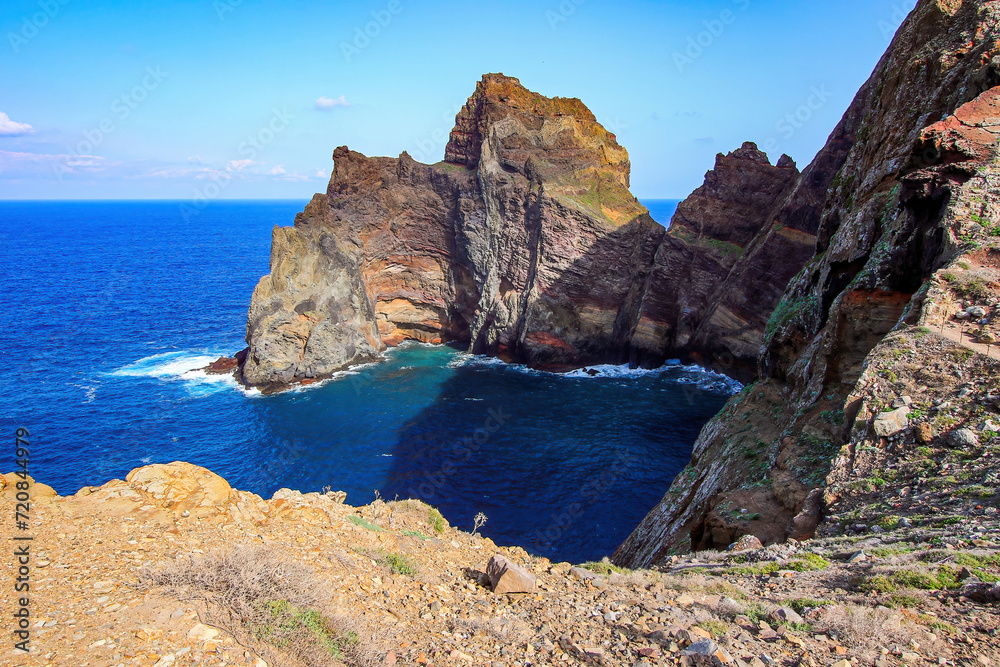 Dramatic sea cliffs at the Ponta de São Lourenço (tip of St Lawrence) at the easternmost point of Madeira island (Portugal) in the Atlantic Ocean