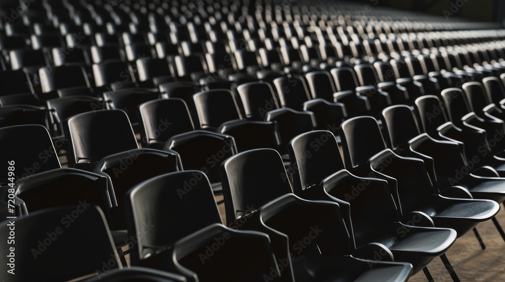 Fototapeta premium A sea of black chairs fills the indoor convention center, inviting guests to take a seat and immerse themselves in the event