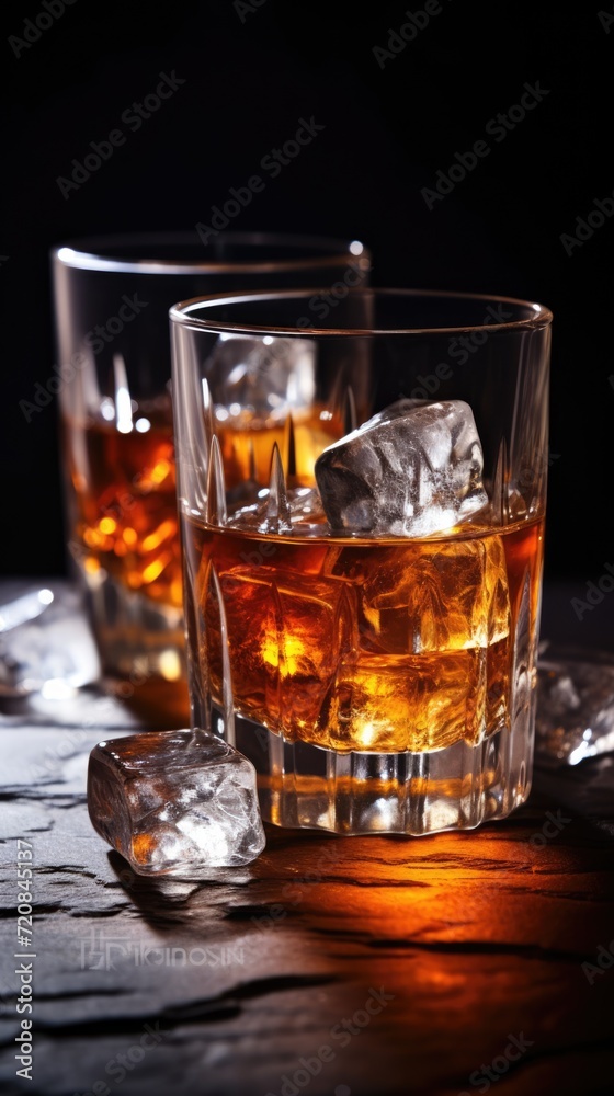 Two glasses of whiskey with ice on a bar counter. Alcohol drink. Dark background. Vertical shot. AI Generated 