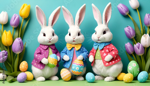 Easter banner Easter bunnies in costumes on a green background with Easter eggs and tulips © katerinka