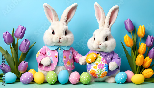 Easter banner Easter bunnies in costumes on a blue background with Easter eggs and tulips